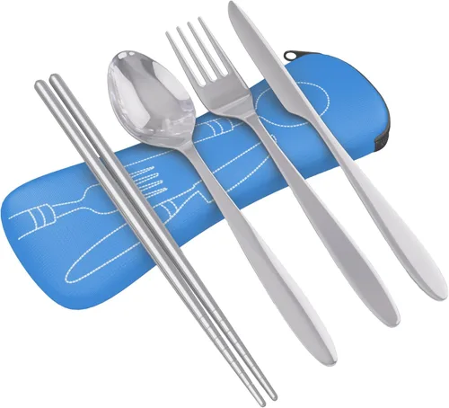 Vista 16 de Set de 4 unidades (cuchillo, tenedor, cuchara, palillos) para Viajes/Camping –Cubertería de acero inoxidable con funda de neopreno