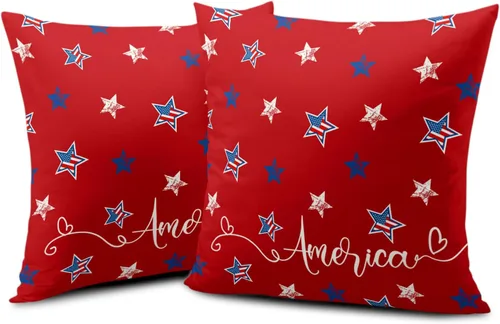 Vista 87 de Juego de 2 fundas de almohada patrióticas para exteriores, diseño de estrellas azules del 4 de julio, 16 x 16 pulgadas, fundas de almohada