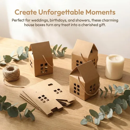 Vista 7 de Cajas de regalo en forma de casa, 10 bolsas de mano para dulces y galletas, papel kraft ecológico, perfecto para fiestas de vacaciones, bodas