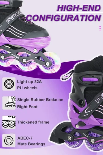 Vista 3 de Patines en línea ajustables para niños, niñas y niños, color morado y negro, todas las ruedas iluminan patines para niños principiantes al aire