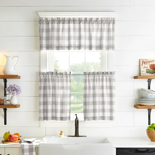 Vista 8 de Elrene Home Fashions Farmhouse Living Buffalo-Check Juego de cortinas de dos niveles para baño o cocina, 30" x 24" (Juego de 2 niveles), Gris/Blanco
