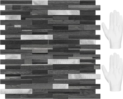 Vista 23 de STICKGOO Azulejo de protección contra salpicaduras para despegar y pegar, para cocina y baño, aspecto de madera negra y gris, PVC, mezcla de metal