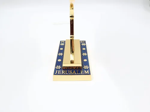 Vista 4 de Menorá de Esmalte Azul de Jerusalén de 7 Ramas, 10.8" de alto, con 12 Tribus de Israel, Portavelas (27.4 cm)