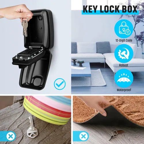 Vista 2 de Caja de bloqueo de llaves TEUEN para exterior, caja de bloqueo resistente impermeable con montaje en pared para llave de casa, caja de seguridad