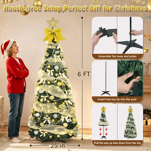 Vista 6 de Decoración de árbol de Navidad dorada preiluminada de 6 pies con Árbol artificial plegable con 150 luces LED cálidas, predecorado, fácil de montar