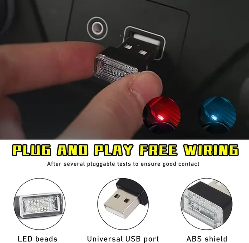 Vista 3 de Augeny 4 PCS Lámpara de Atmósfera Interior de Coche LED USB, Luz Nocturna Decorativa Enchufable USB, Kit de Iluminación Ambiental Portátil para 2