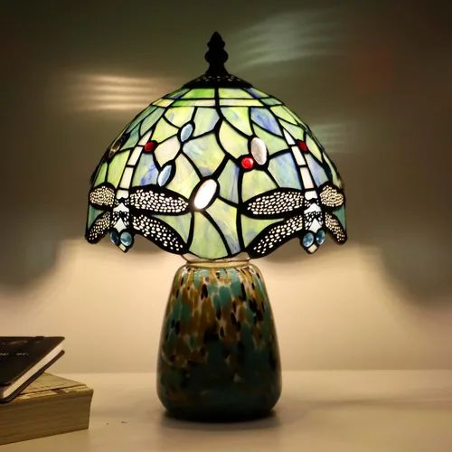 Vista 8 de Lámpara de mesa de hongo Tiffany estilo libélula lámpara de acento de vidrio teñido azul marino base de vidrio marrón azul 8X8X12 pulgadas
