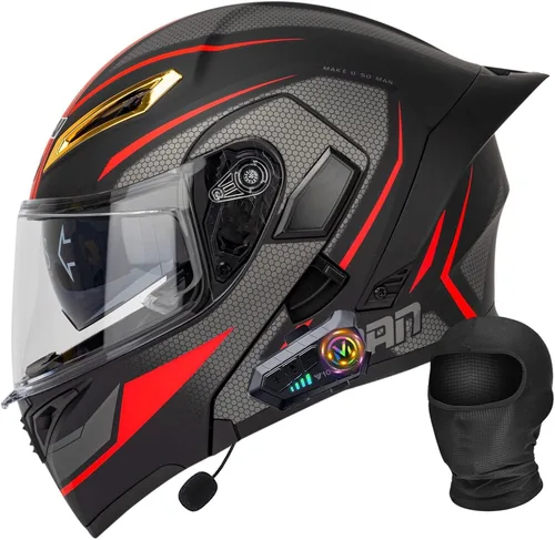 Vista 14 de Casco Bluetooth Moto DOT Aprobado Casco Abatible, Casco Integrado De Moto, Cascos Abatible con Doble Visera, Ventilación Forro, para La Respuesta