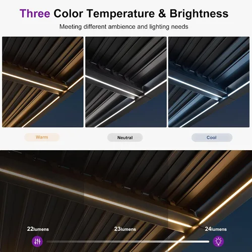Vista 4 de PURPLE LEAF Pérgola con listones 92KS de 8 x 10 pies con tira LED regulable solar integrada, techo ajustable de aluminio a prueba de lluvia