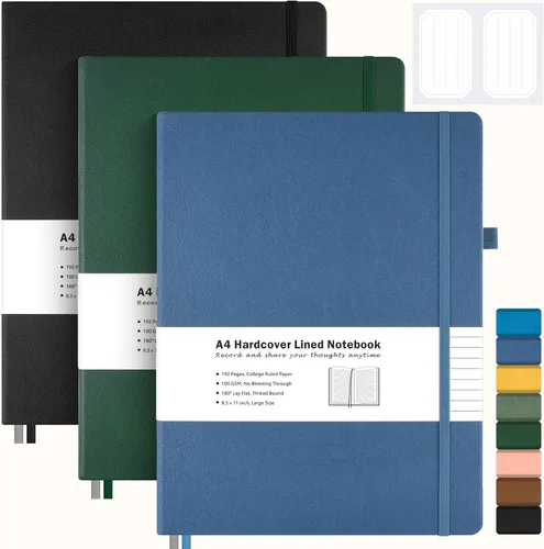 Vista 14 de Paquete de 3 cuadernos con rayas universitarias, cuaderno de cuero de tapa dura A4 para trabajo, cuaderno rayado diario para mujeres, hombres, 192