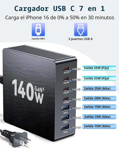 Vista 2 de Estación de carga USB C, estación de carga rápida GaN III de 7 puertos de 140 W, estación de carga USB PD 3.0 para múltiples dispositivos, estación