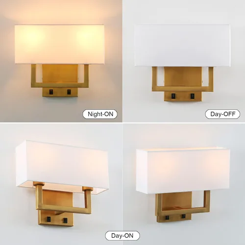 Vista 3 de PERMO Aplique de pared con acabado dorado antiguo, doble aplique con pantallas textiles blancas y botón de encendido y apagado para sala de estar