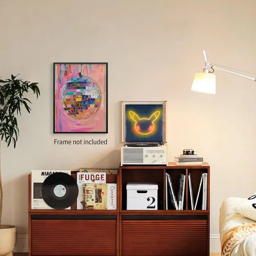 Vista 4 de Sufeasdf Pósteres retro de bola de discoteca rosa, genial Y2k, arte de pared, pintura de bolas de discoteca rosa y naranja, impresiones