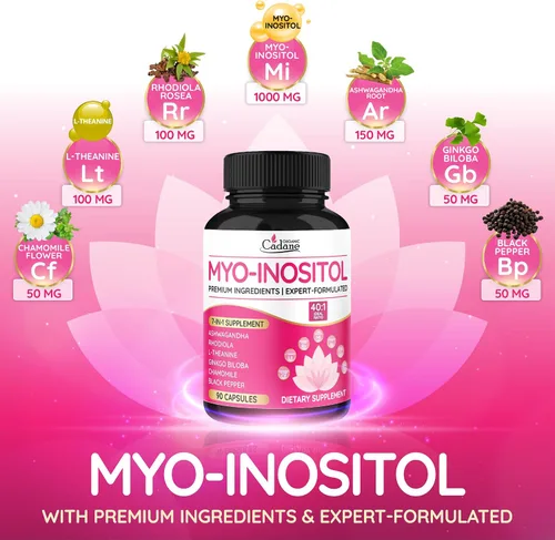 Vista 3 de Organic Cadane Myo Inositol & Ashwagandha Cápsulas con Rhodiola, L-Teanina, Ginkgo Biloba y más Apoya el equilibrio corporal y digestivo Vegano
