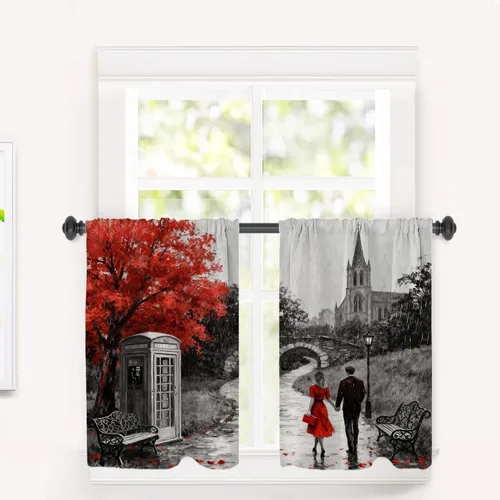 Vista 52 de Cortinas opacas de cocina con pintura al óleo de Europa rosa y negra para ventanas, cenefas opacas modernas de torre Eiffel de poliéster multicapa