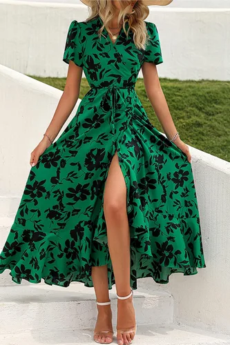 Vista 2 de PRETTYGARDEN - Vestido largo de verano cruzado para mujer, con cuello en V, estilo bohemio, floral, manga corta, dobladillo con volantes