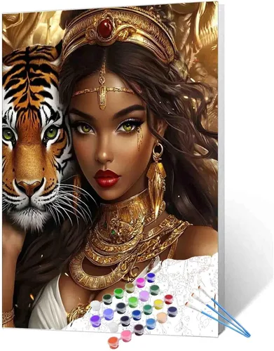 Vista 36 de Pintura de niña afro a la moda, kits de pintura por números, 16 x 20 pulgadas, lienzo de hojas tropicales, pintura al óleo para niños y adultos