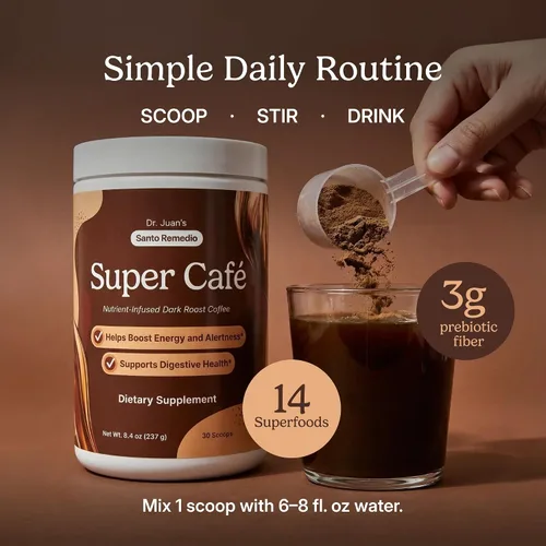 Vista 6 de Santo Remedio Super Café, café en polvo con fibra prebiótica y champiñones, tostado oscuro, 100 mg de cafeína, té verde y café verde, melena de león