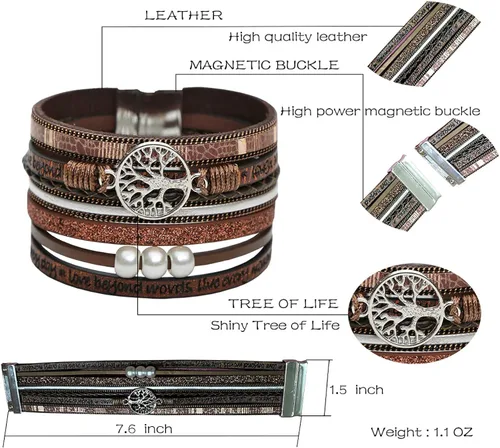 Vista 3 de Pulsera de cuero para mujer, pulsera de hebilla ancha, pulsera de perlas con hebilla magnética para mujer, joyería de Navidad, cumpleaños, San