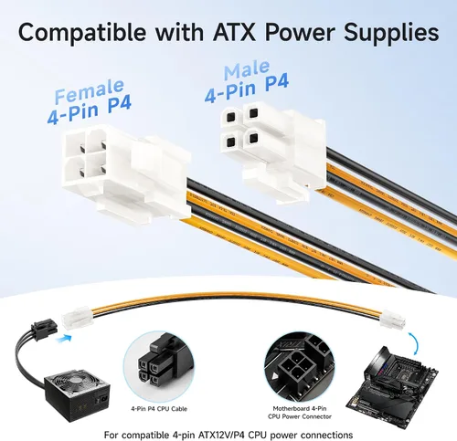 Vista 3 de Cable Matters Paquete de 2 cables de extensión ATX de 4 pines para CPU, 8