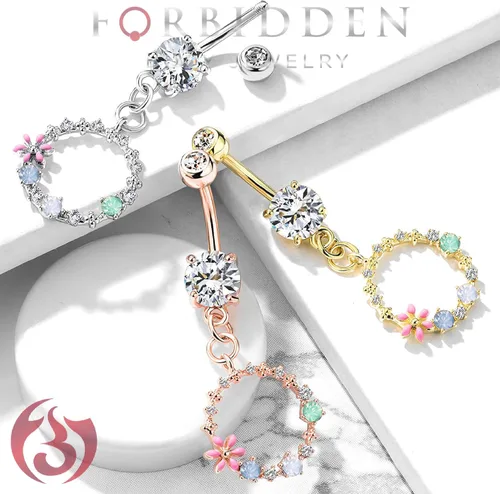 Vista 4 de Forbidden Body Jewelry Anillo de ombligo de acero quirúrgico con detalle de flor, circonita cúbica y opalita