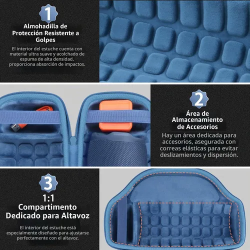 Vista 5 de co2CREA Case for JBL Charge 6 Portable Bluetooth Speaker, Blue Acolchado de espuma de alta densidad, mango reforzado, correa de hombro desmontable