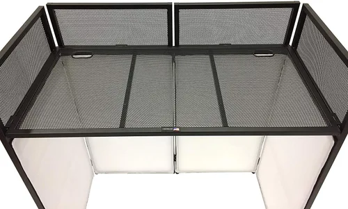 Vista 6 de Fachada para Eventos de DJ Scrim Blanco/Negro Marco de Metal Cabina + Mesa Plana de 20" x 40" Incluye Paneles Blancos y Negros + Estuches