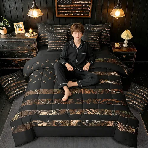 Vista 7 de Feelyou Juego de edredón botancial de camuflaje con bandera estadounidense Negro Marrón Oscuro