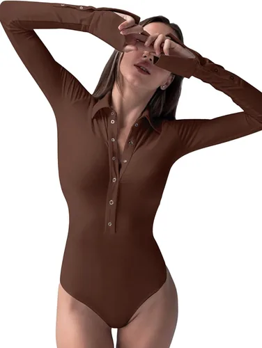Vista 3 de LYANER Body ajustado de manga larga con cuello y botones para mujer