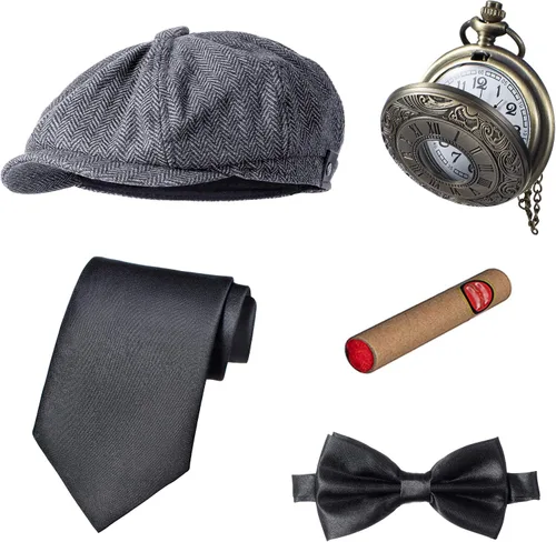 Vista 5 de TOGROP Chaleco de disfraz de los años 20 para hombre, sombrero y accesorios para reloj de bolsillo, juego de accesorios para fiesta de adultos