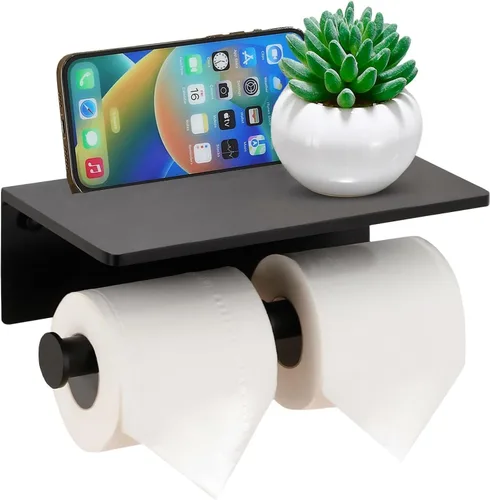 Vista 11 de Soporte de papel higiénico de un solo rollo con estante para teléfono, dispensador de pañuelos de acero inoxidable montado en la pared para baño