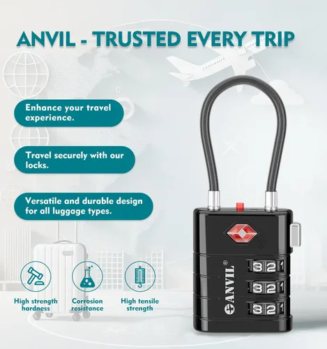 Vista 4 de ANVIL Cerraduras de equipaje aprobadas por la TSA - Cerraduras de viaje combinadas TSA008 de alta seguridad con indicador de inspección para maletas