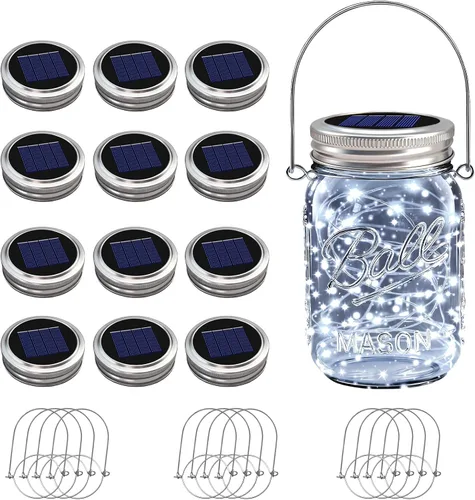 Vista 13 de VOOKRY Paquete de 6 luces solares para tarros de masón, 30 tapas LED para tarros de masón, impermeables, con 6 ganchos (sin tarros), para patio al