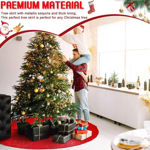 Vista 6 de Libima Falda de Árbol de Navidad Grande Roja de 84 Pulgadas de Tamaño Extra Grande con Lentejuelas Navideñas Redonda Brillante Magníficos Adornos