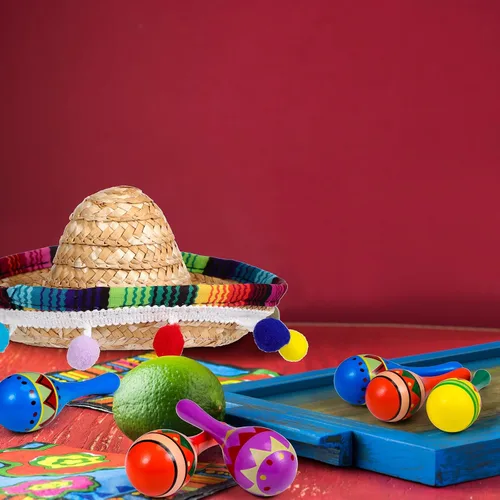 Vista 6 de Honoson 12 piezas de madera Fiesta Maracas 6 Cinco de Mayo Mini sombrero superior sombrero para sombrero decoración de fiesta mexicana