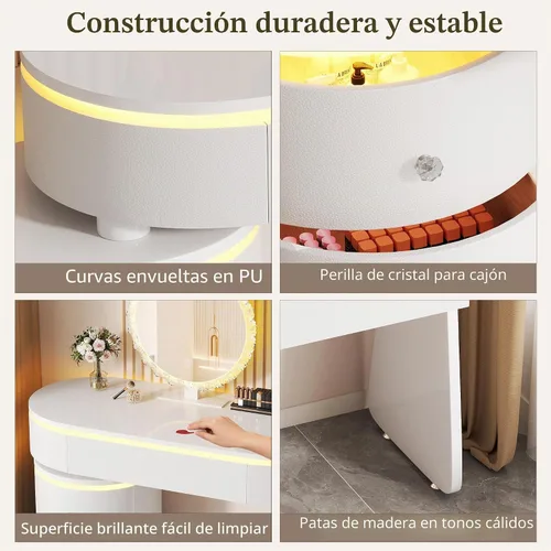 Vista 7 de KDCAS Escritorio redondo de maquillaje con espejo y luces, escritorio moderno de piel sintética con gabinete lateral reversible, mesa de tocador
