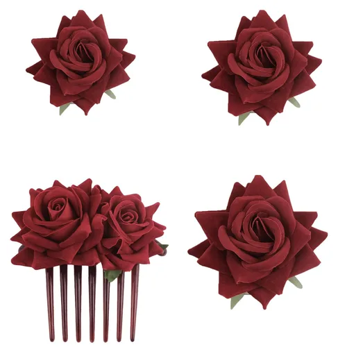 Vista 8 de 4 horquillas rosas para mujer, broche de rosa nupcial, pinzas florales para boda, para mujer, niña, fiesta, boda (negro)