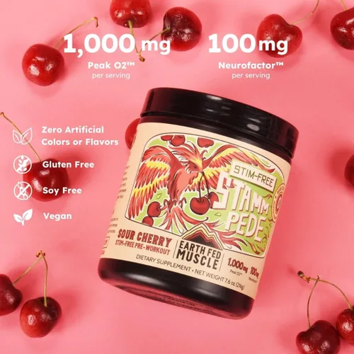 Vista 2 de Earth Fed Muscle Stampede sin estimulantes antes del entrenamiento, cereza agria, estimulante y sin cafeína, aumenta la energía, la resistencia