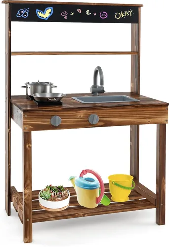 Vista 10 de Costzon Cocina de barro, cocina de juego al aire libre con fregadero, grifo, estufas y accesorios de cocina, estante de almacenamiento, carrito