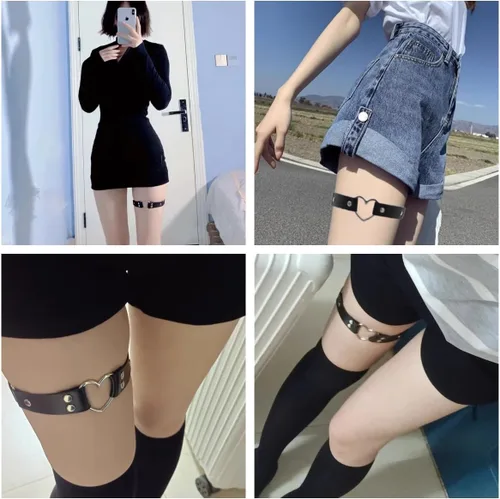 Vista 4 de Outman 2Pcs Adjustable Punk Rock Thigh Garter Heart Leg Garter Belts Negro