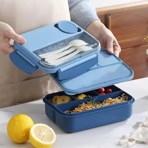 Vista 2 de Bento Box - Lonchera para adultos, recipientes de 44 onzas con 4 compartimentos, contenedor de alimentos con utensilios, tarro de salsa, apto