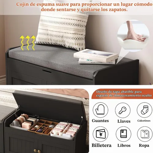 Vista 6 de HOMEFORT Banco para Zapatos de 30" con Almacenamiento de Tapa Elevable, Banco de Entrada con Asiento Acolchado, Banco de Madera para Pie de Cama