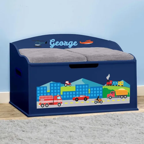 Vista 2 de DIBSIES Caja de juguetes personalizada Creative Wonders, automóviles, camiones, aviones y trenes, 30 x 19.25 x 18 pulgadas, tapa de cierre suave Azul