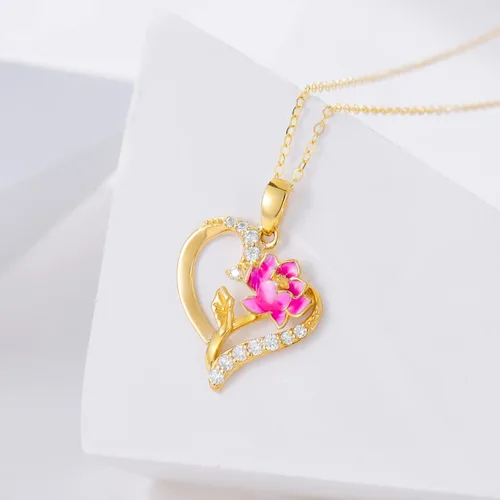 Vista 34 de Collar de flor de nacimiento de oro real de 14 quilates para mujer, oro amarillo creado moissanita con colgante de corazón, collares