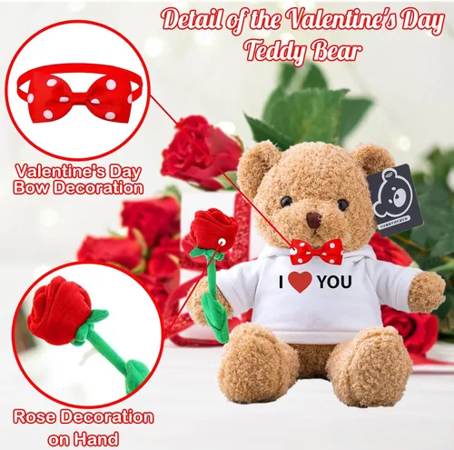 Vista 3 de Oso de peluche con rosa y lazo como regalo personalizado de San Valentín para ella o él, oso de peluche personalizado con nombre o texto