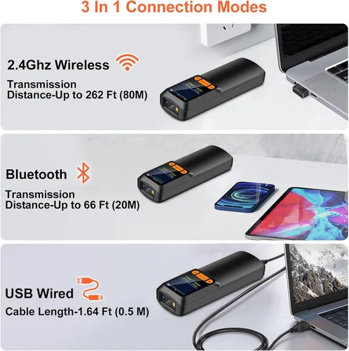 Vista 4 de KUIIYER Mini escáner de código de barras Bluetooth, escáneres inalámbricos 2D QR 1D de código de barras con pantalla LCD y teclado de ajuste y voz