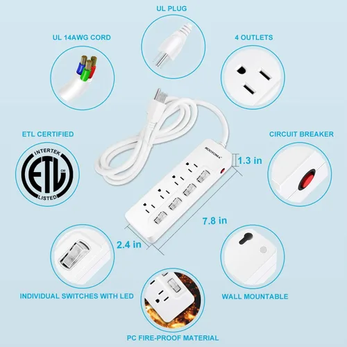 Vista 5 de ROOTOMA Regleta protectora de sobretensiones con interruptores individuales, certificado ETL, cable de extensión largo de 6 pies 14 AWG 1875 W/15 A