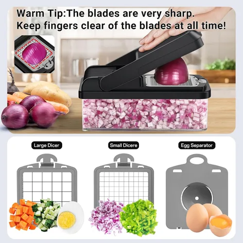 Vista 4 de SpaceHacks Picador de verduras 12 en 1, utensilios de cocina con 7 cuchillas, verduras, alimentos, picador de cebolla, rebanador de pepino