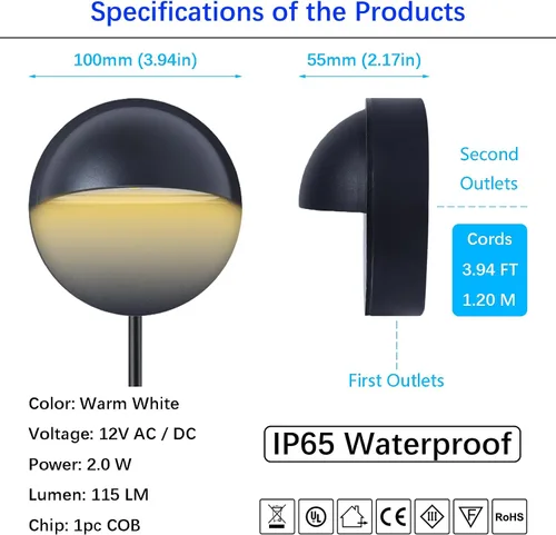Vista 2 de Luces LED de aluminio para exteriores, blanco cálido Φ3.94 pulgadas, bajo voltaje, 12 V CA/CC IP65, impermeable, con cable eléctrico bajo cubierta