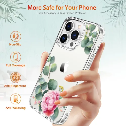 Vista 5 de Funda para iPhone 13 Pro con protector de pantalla, 6.1 pulgadas, transparente, de cuerpo completo, a prueba de golpes, diseño floral, para niñas